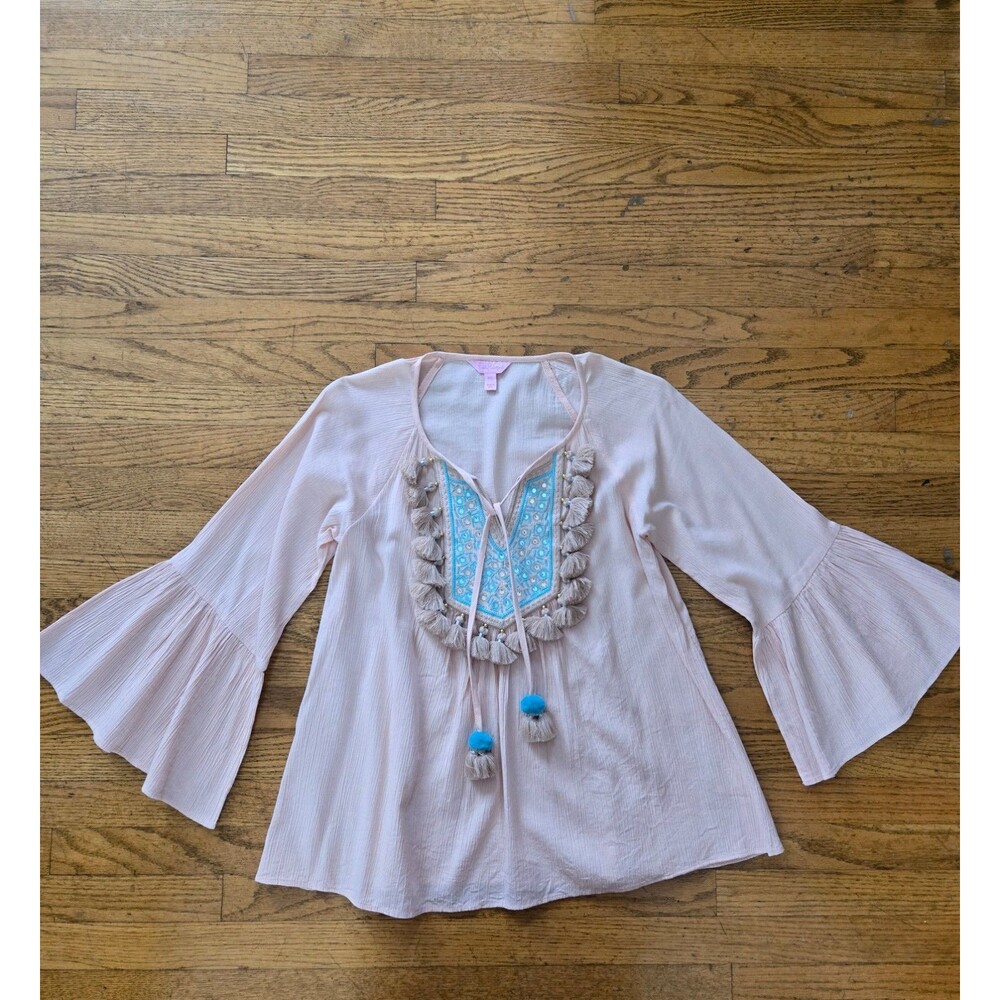 Lilly Pulitzer Size XXS Shandy Top Tunic Tasseled Embroidered Peach Boho Peasant